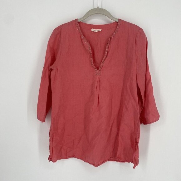 Eileen Fisher Shirt Women’s XS pink orange irish linen embellished blouse top - Picture 1 of 6